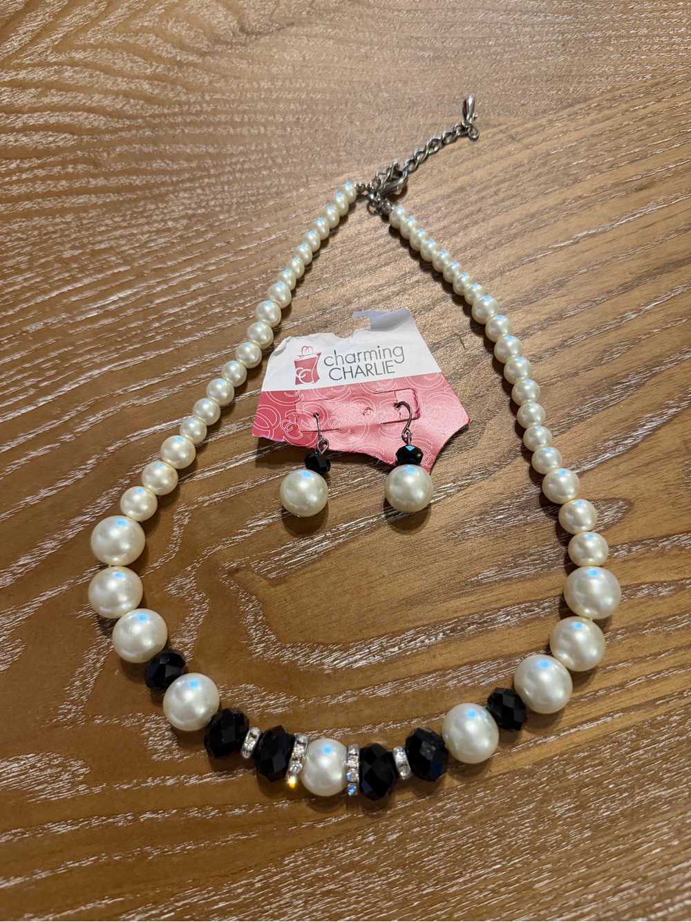 Charming Charlie Cream Pearl and Black Bead Necklace with Matching Earrings